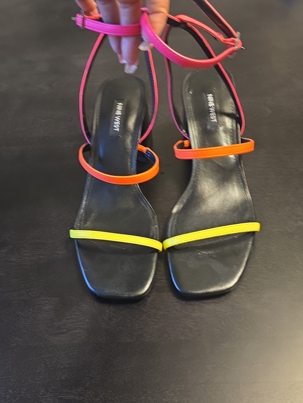 Nine West Black Sandals with Pink, Orange & Yellow Straps